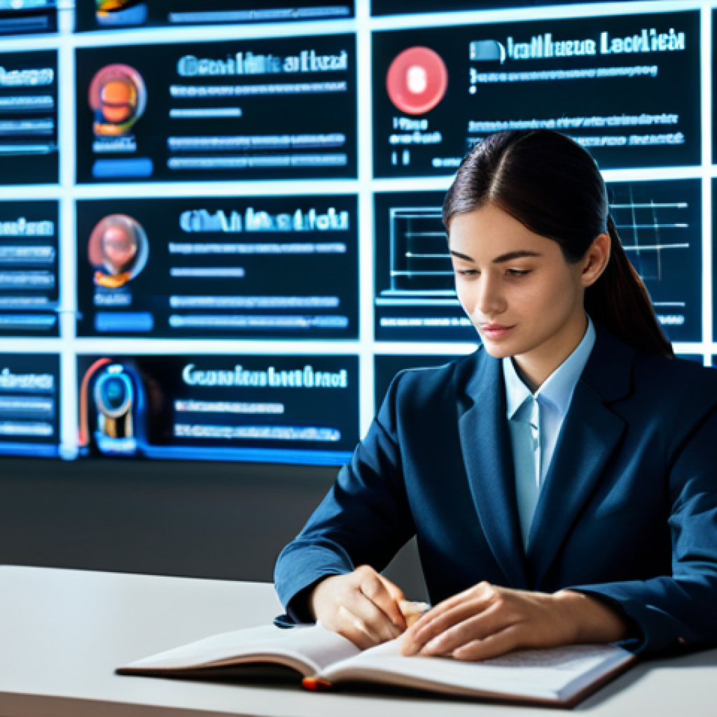 A focused professional individual, fully clothed in modest business attire, sitting at a sleek, minimalist desk. Their face is illuminated by a large, transparent digital screen displaying a rich tapestry of educational content in multiple languages, seamlessly translated and interconnected by glowing lines, symbolizing AI bridging knowledge. In the background, a modern, bright, and spacious learning center with bookshelves and collaborative zones is visible. The scene emphasizes innovation and global access to knowledge. Perfect anatomy, correct proportions, natural pose, well-formed hands, proper finger count. Professional photography, high detail, sharp focus, vibrant colors, clean aesthetic. safe for work, appropriate content, fully clothed, professional.