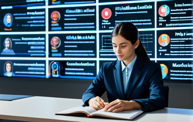 A focused professional individual, fully clothed in modest business attire, sitting at a sleek, minimalist desk. Their face is illuminated by a large, transparent digital screen displaying a rich tapestry of educational content in multiple languages, seamlessly translated and interconnected by glowing lines, symbolizing AI bridging knowledge. In the background, a modern, bright, and spacious learning center with bookshelves and collaborative zones is visible. The scene emphasizes innovation and global access to knowledge. Perfect anatomy, correct proportions, natural pose, well-formed hands, proper finger count. Professional photography, high detail, sharp focus, vibrant colors, clean aesthetic. safe for work, appropriate content, fully clothed, professional.