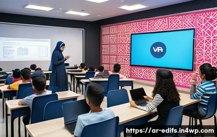 멀티모달 학습에서의 실습 기회 제공 방법 - A modern classroom scene in an Arabic-speaking country, showing a diverse group of young adult learn...