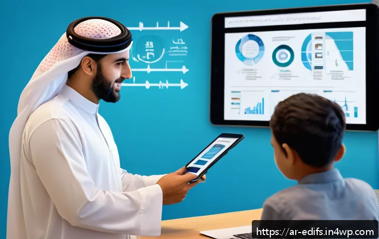 멀티모달 학습의 경제적 효과 분석 - A modern Arabic classroom setting with diverse adult learners engaging with interactive multimedia c...