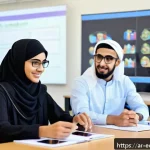 Home 23 멀티모달 학습을 위한 코칭 방법론 - A modern Arabic classroom setting with diverse adult learners engaging interactively using multimedi...