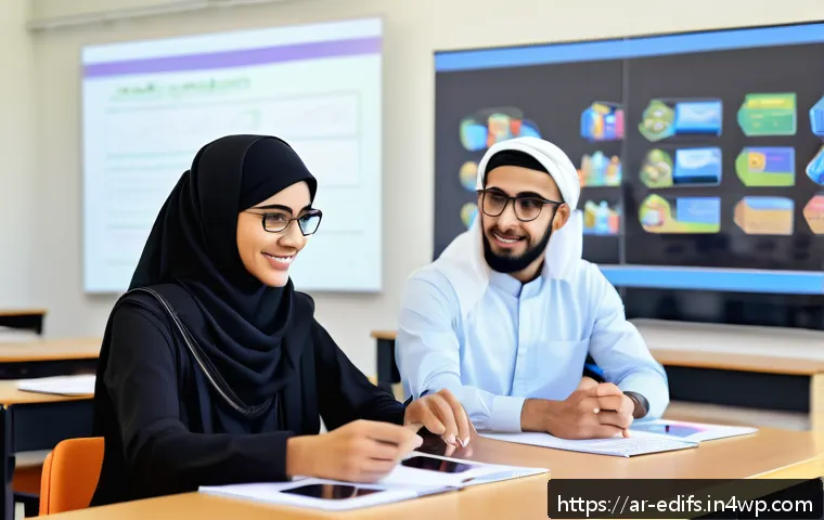 멀티모달 학습을 위한 코칭 방법론 - A modern Arabic classroom setting with diverse adult learners engaging interactively using multimedi...